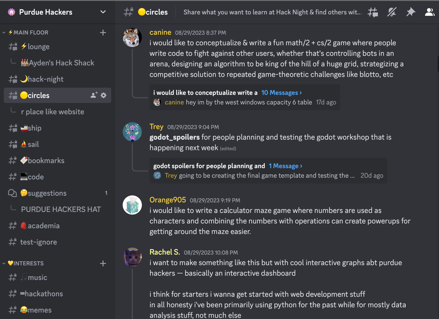 A screenshot of Discord in a channel called #circles, full of people sharing what they plan on working on at hack night
